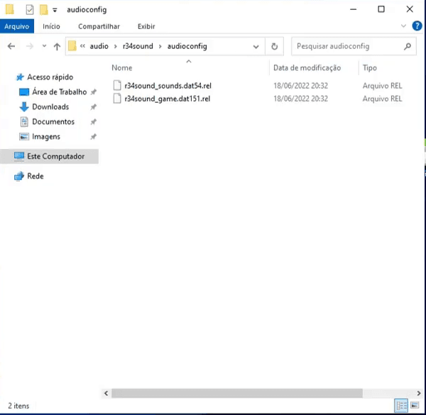 Pasta audioconfig com os dois arquivos rel do som