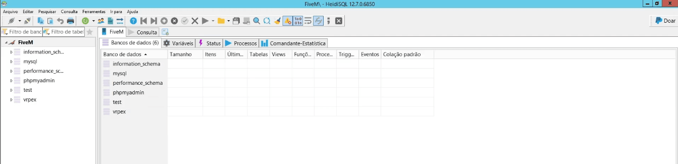 HeidiSQL conectado mostrando a lista de bancos de dados