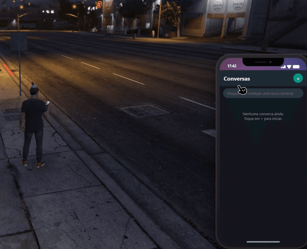 Celular aberto no jogo mostrando a lista de conversas vazia