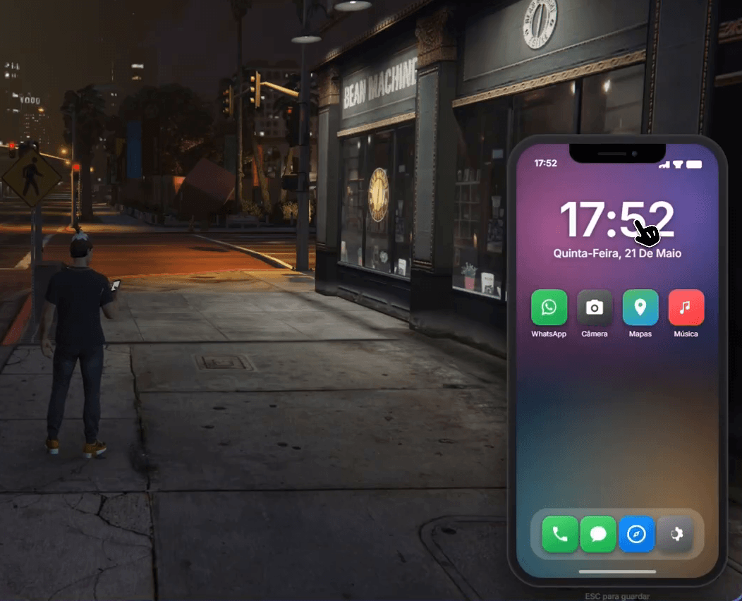 Celular no jogo com tela inicial estilo iOS, relógio, data e ícones de aplicativos