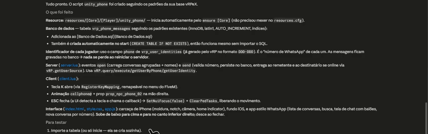 Resumo do Claude Code listando o resource criado, a tabela no banco e os arquivos de cliente e servidor