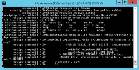 Console do FiveM sem cores, com códigos de escape aparecendo no meio do texto