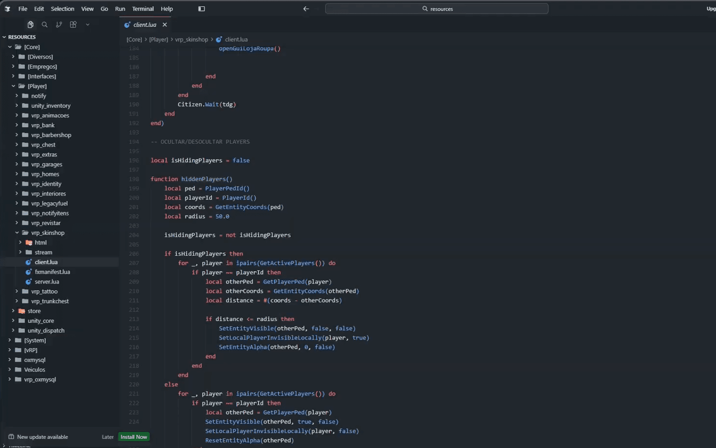 Cursor com a pasta resources aberta e o script vrp_skinshop expandido