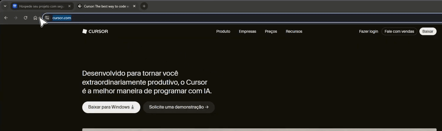 Site do Cursor com o botão de baixar para Windows