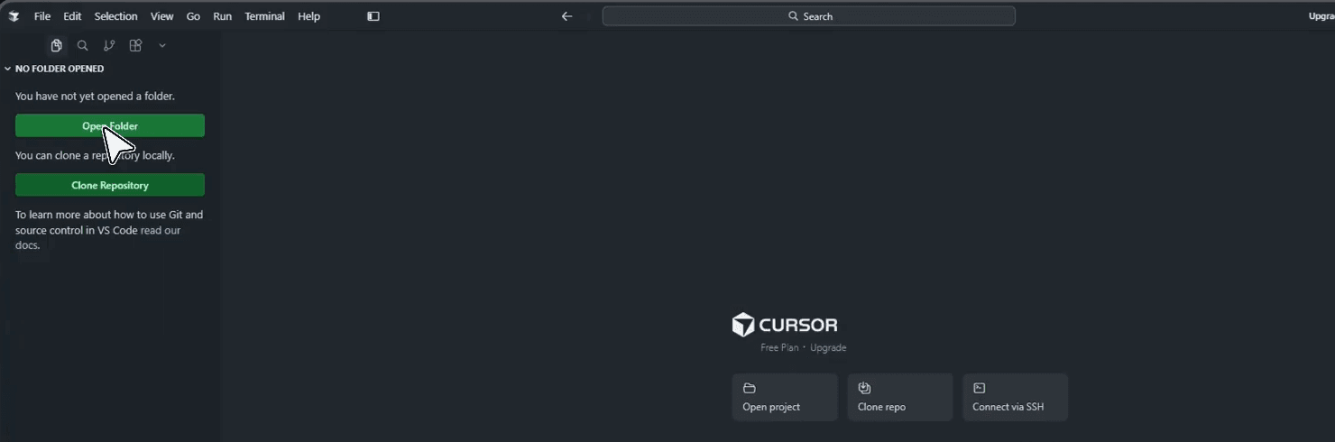 Tela inicial do Cursor com os botões Open Folder e Open project