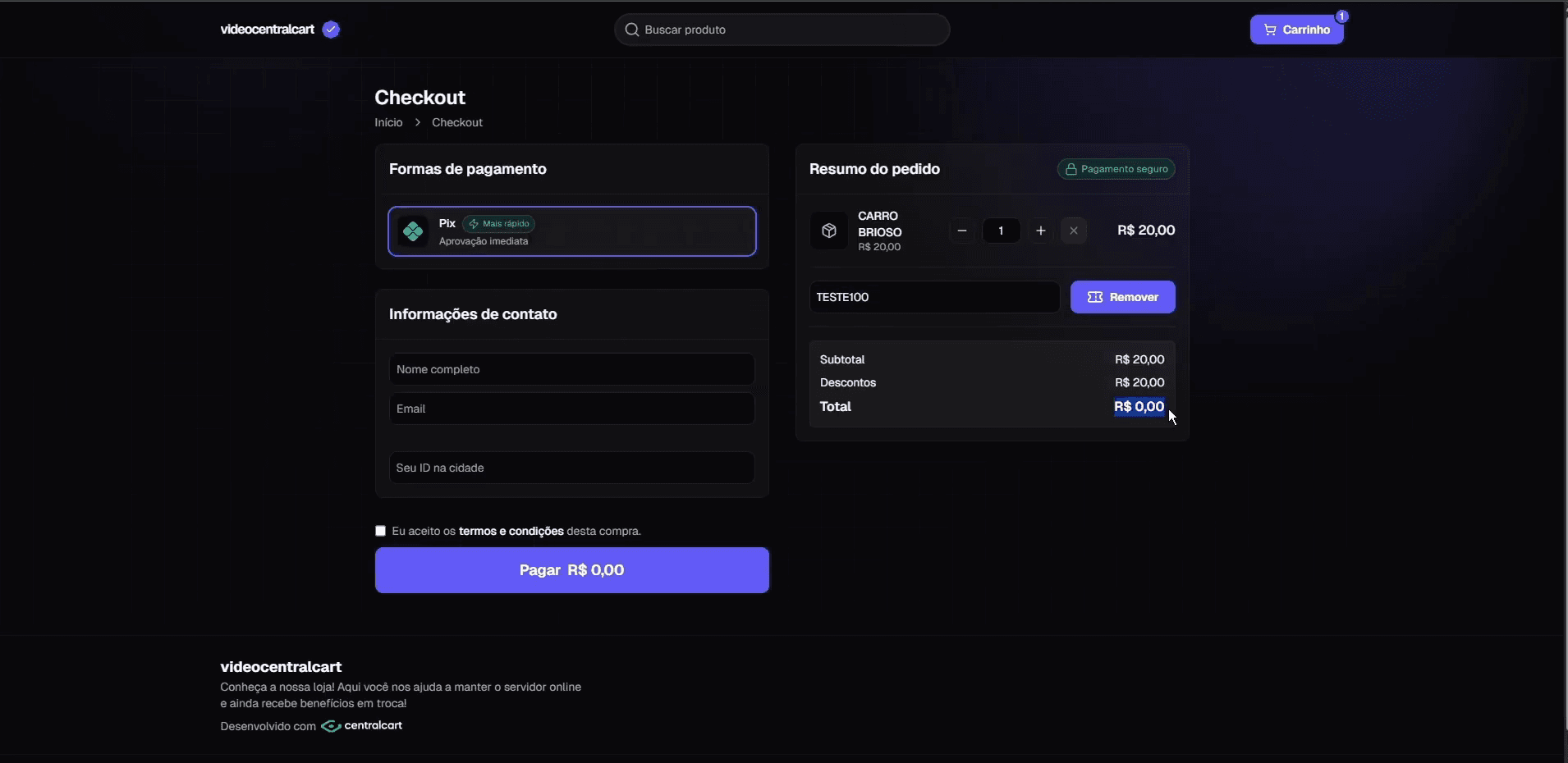 Tela de checkout com o cupom aplicado e o total zerado
