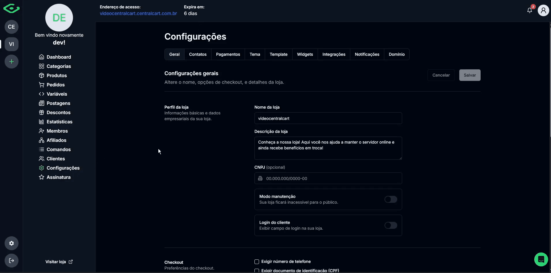 Painel da CentralCart aberto na tela de configurações gerais