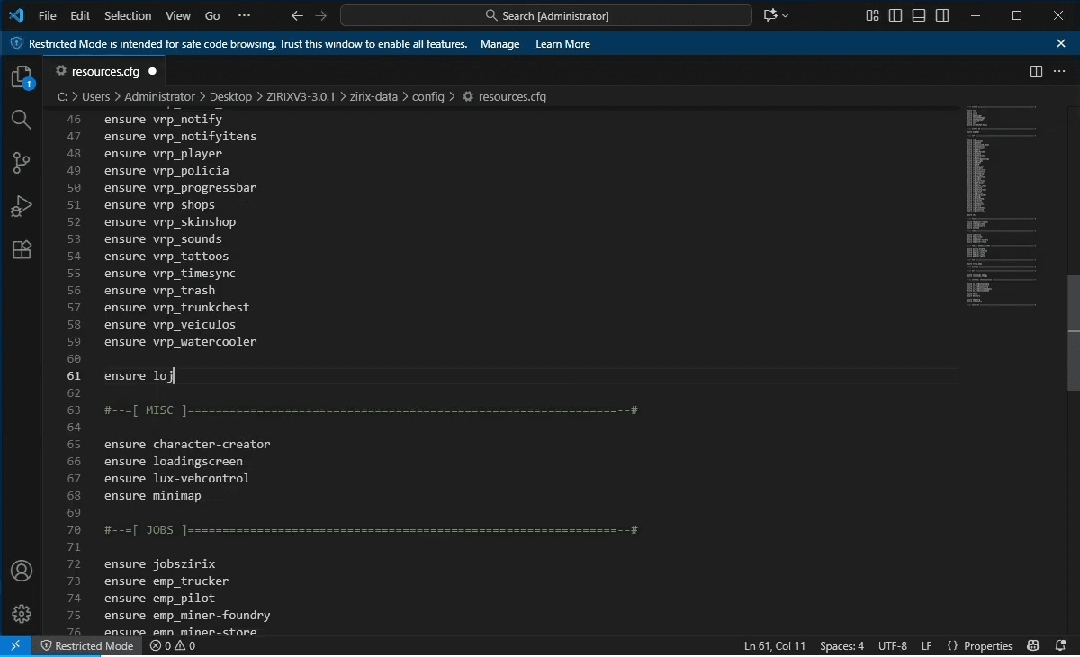 Arquivo resources.cfg com a linha ensure da pasta do script