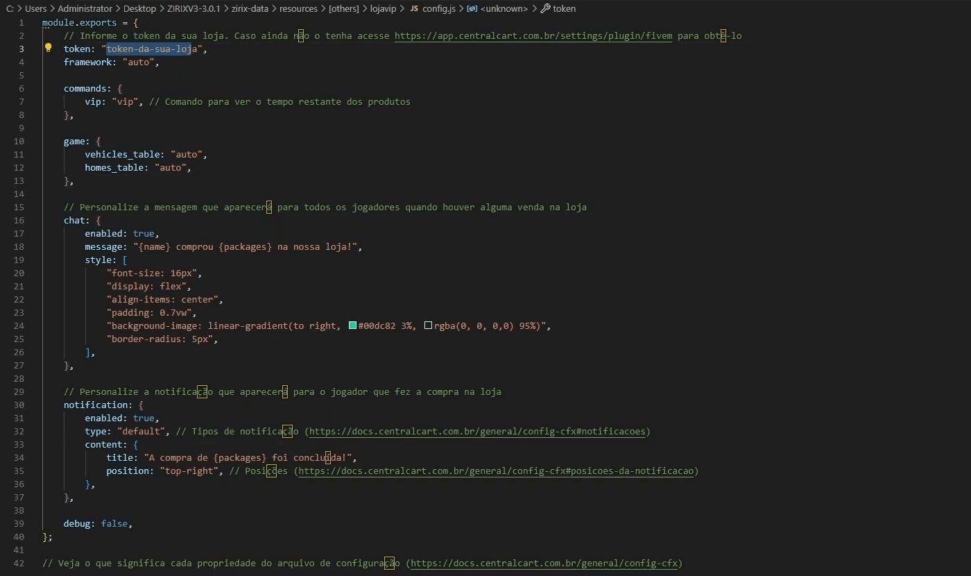 Arquivo config.js aberto com o campo token em destaque
