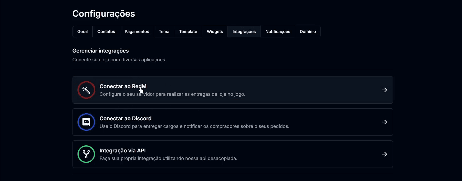 Aba de integrações com as opções de conectar ao RedM, ao Discord e via API