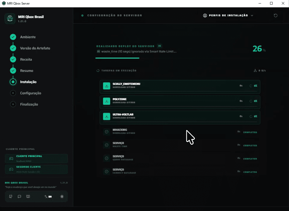 Tela de progresso do deploy com os recursos sendo baixados e marcados como concluídos