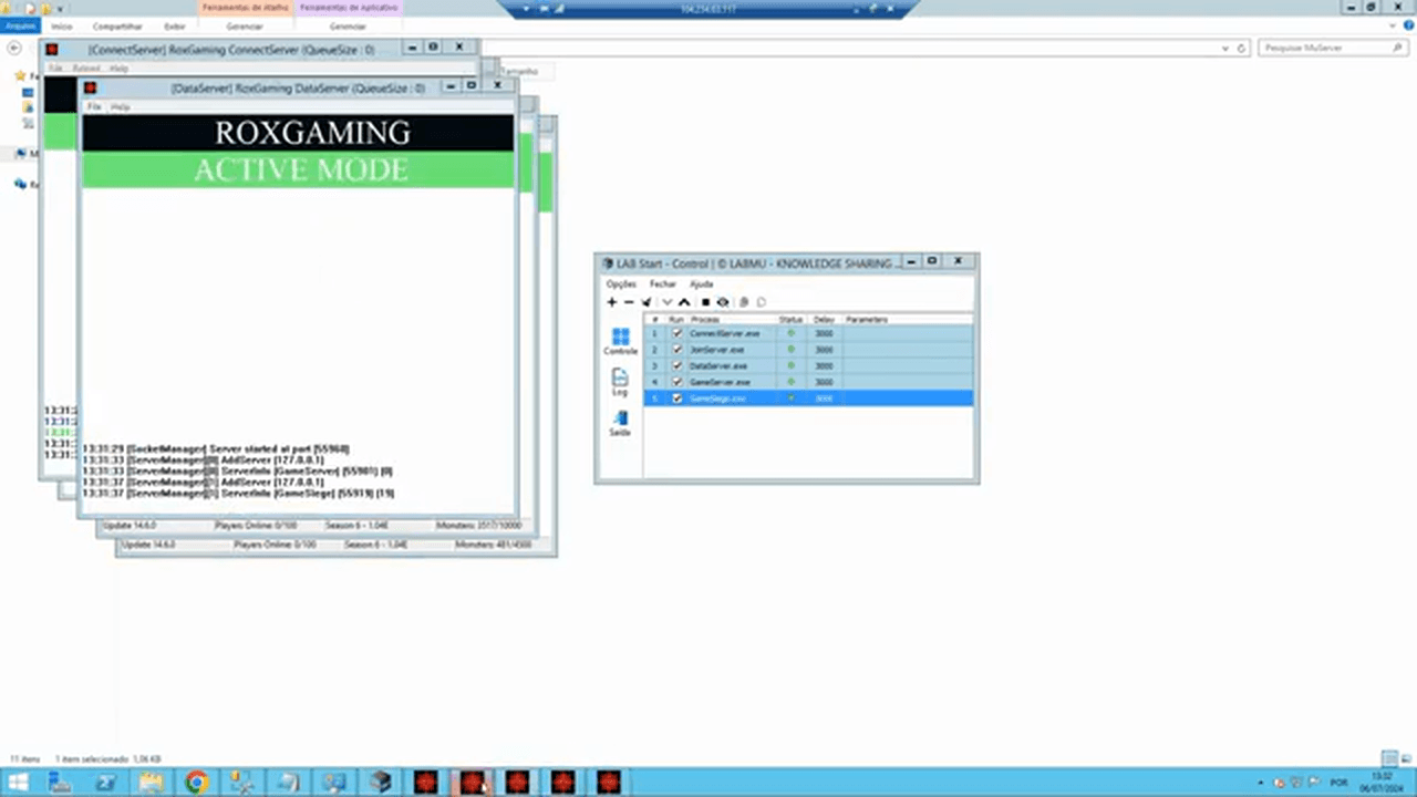 LAB Start com os cinco processos do servidor rodando e o console do ConnectServer aberto
