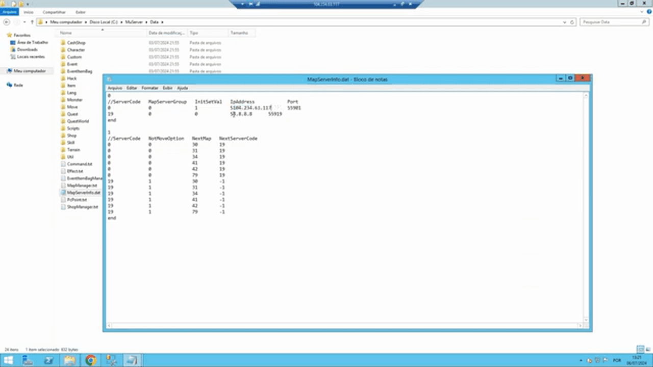 Arquivo MapServerInfo.dat com a coluna IpAddress mostrando o prefixo S antes do IP