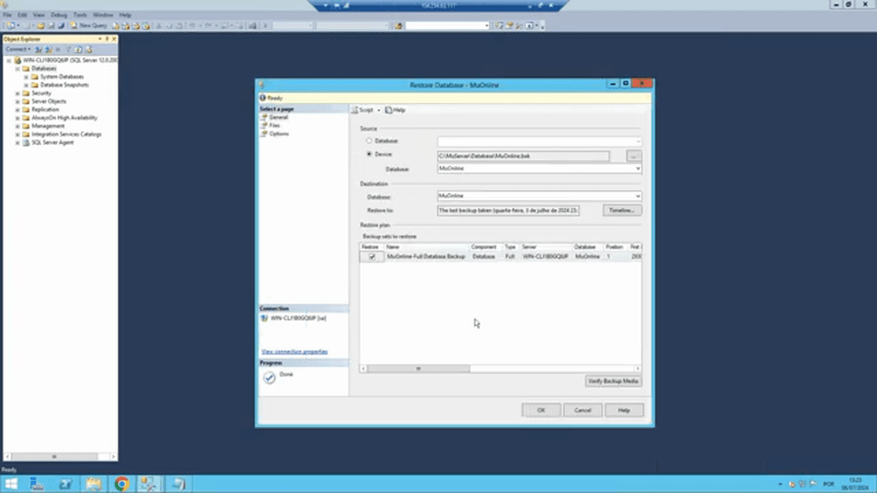Janela Restore Database do SQL Server Management Studio com o arquivo MuOnline.bak selecionado