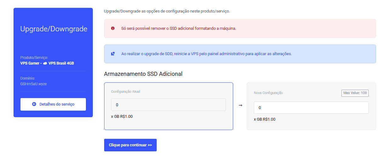 Tela de seleção da quantidade de SSD adicional