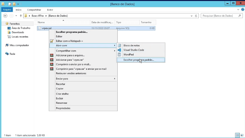 Menu de contexto do arquivo sql com a opção Abrir com