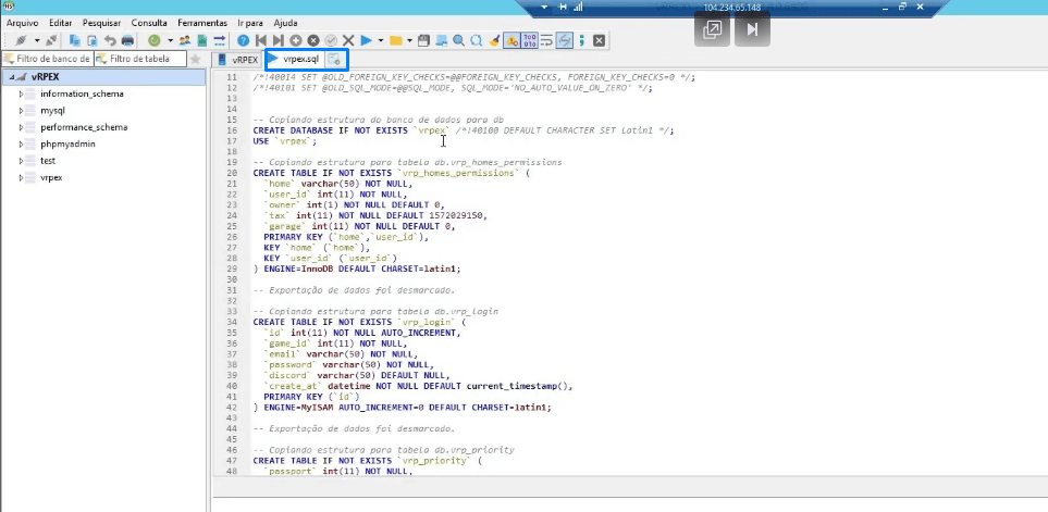 Arquivo sql aberto no HeidiSQL ainda com o nome do banco original