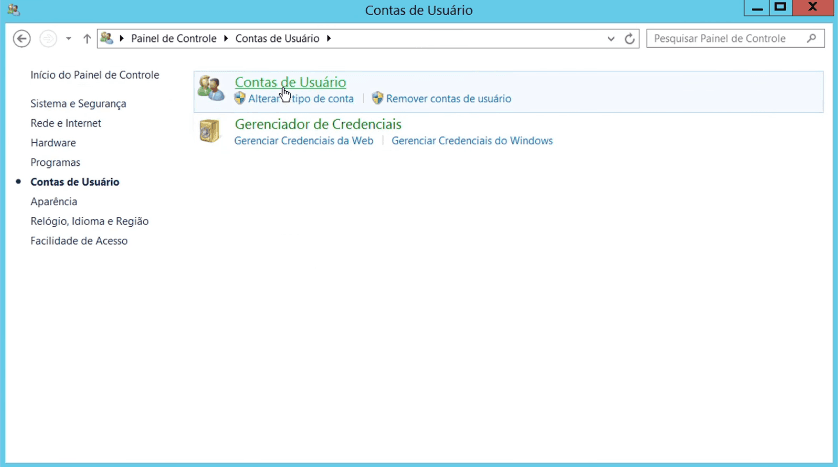Categoria Contas de Usuário com o link de mesmo nome destacado