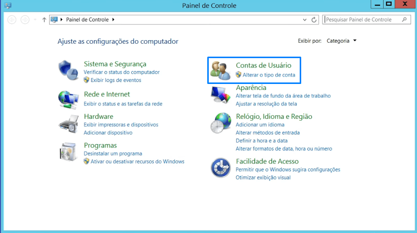 Painel de Controle com a opção Contas de Usuário destacada