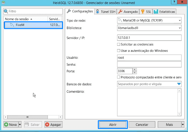 Sessão do HeidiSQL selecionada com o botão Abrir destacado