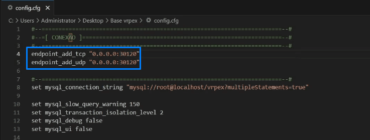 Arquivo de configuração mostrando as linhas endpoint_add_tcp e endpoint_add_udp na porta 30120