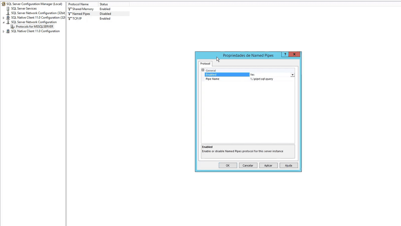 Propriedades de Named Pipes do SQL Server com a opção Enabled definida como Yes