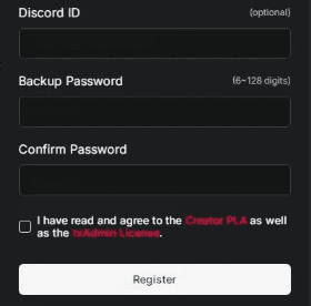 Formulário de registro do txAdmin com Discord ID, senha de backup e o botão Register