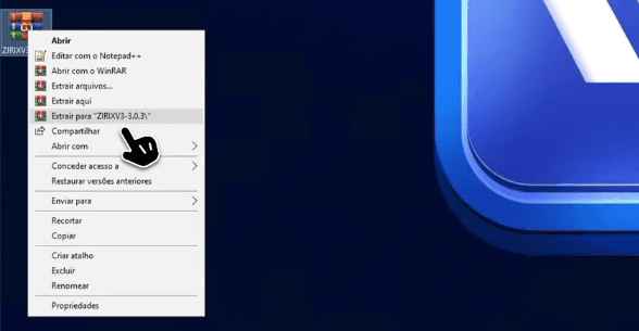 Menu de contexto do arquivo compactado com a opção de extrair