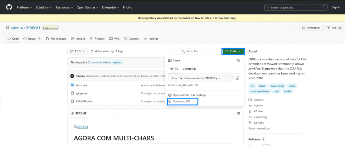 Repositório da base ZIRIX no GitHub com a opção Download ZIP destacada