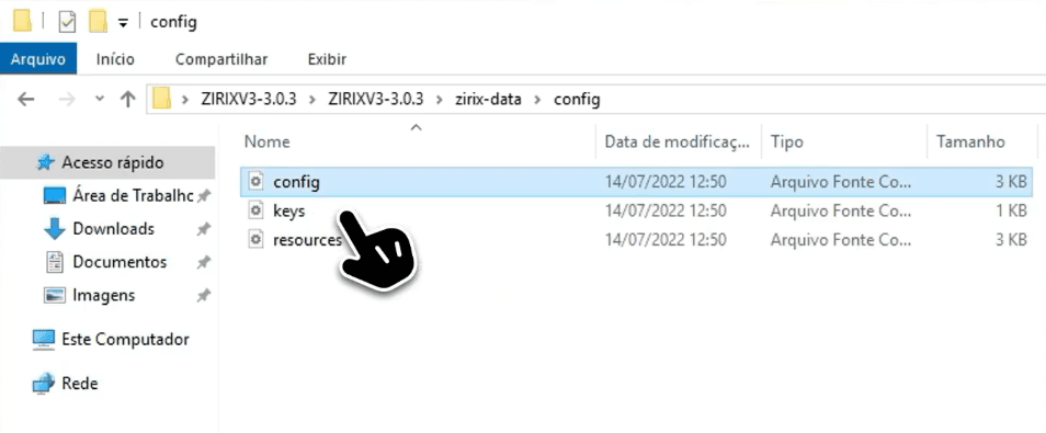 Pasta config da base ZIRIX com os arquivos config, keys e resources